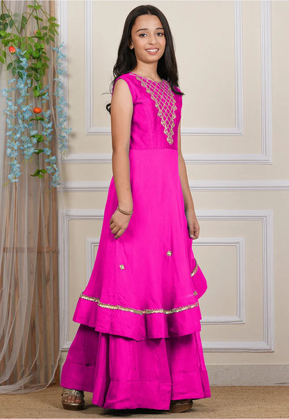 Teen Girls Georgette Layered Gown in Fuchsia