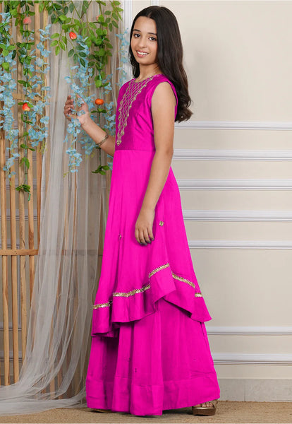 Teen Girls Georgette Layered Gown in Fuchsia
