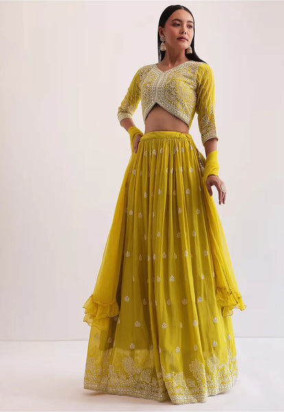 Embroidered Georgette Lehenga in Mustard Yellow