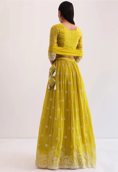 Embroidered Georgette Lehenga in Mustard Yellow