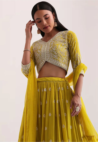 Embroidered Georgette Lehenga in Mustard Yellow
