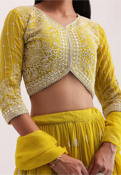 Embroidered Georgette Lehenga in Mustard Yellow