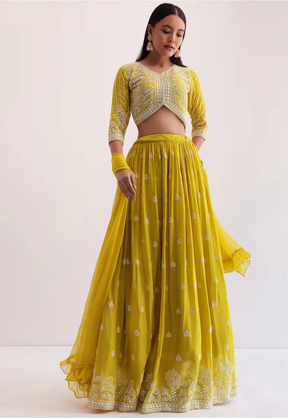 Embroidered Georgette Lehenga in Mustard Yellow