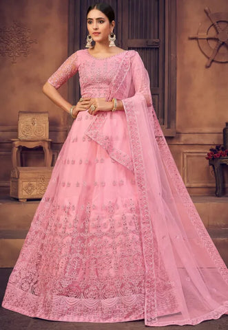 Embroidered Net Lehenga in Light Pink