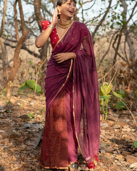 Beautiful Cotton Saree With Zari and Hand-Embroidered Chumkis