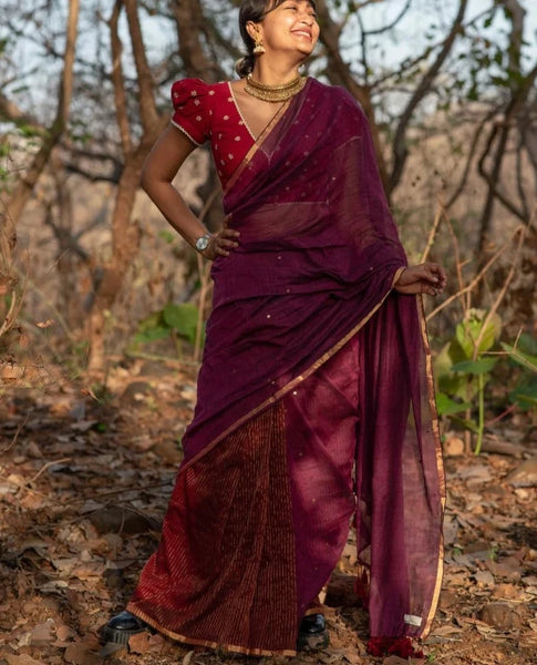Beautiful Cotton Saree With Zari and Hand-Embroidered Chumkis