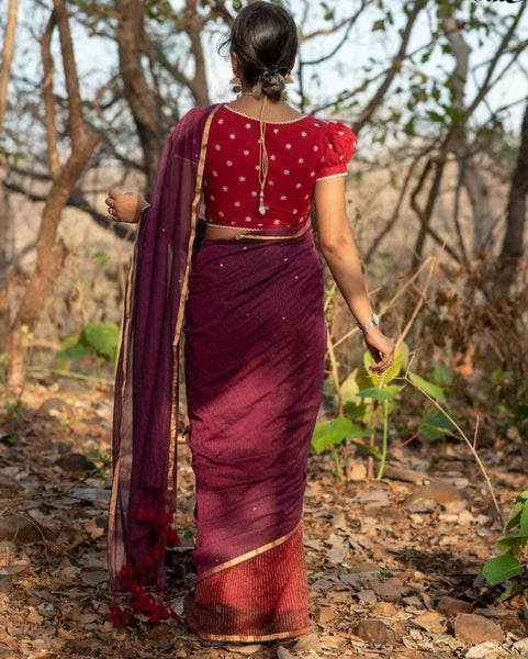 Beautiful Cotton Saree With Zari and Hand-Embroidered Chumkis