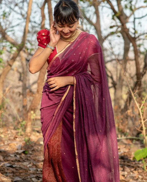 Beautiful Cotton Saree With Zari and Hand-Embroidered Chumkis