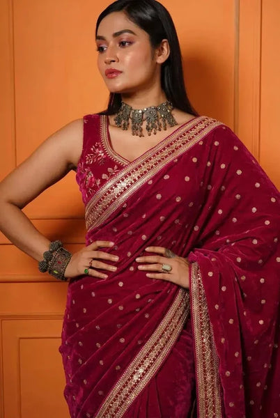 Royal Magenta Pink Velvet Saree