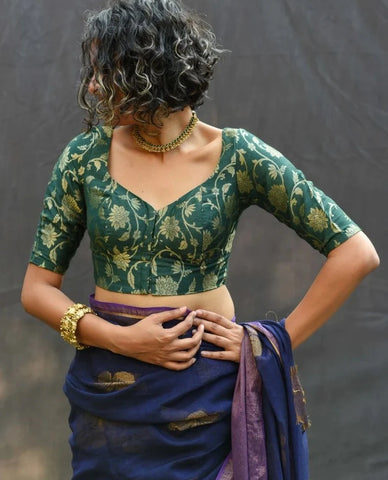 Readymade Green Silk Elbow Sleeve Designer Blouse With Sweetheart