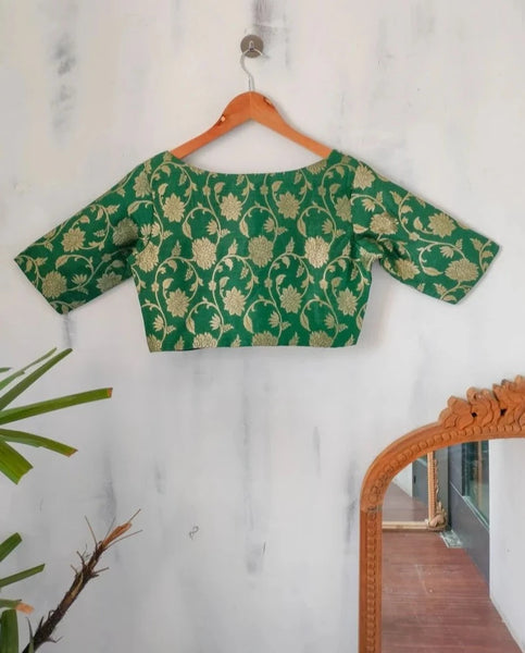 Readymade Green Silk Elbow Sleeve Designer Blouse With Sweetheart