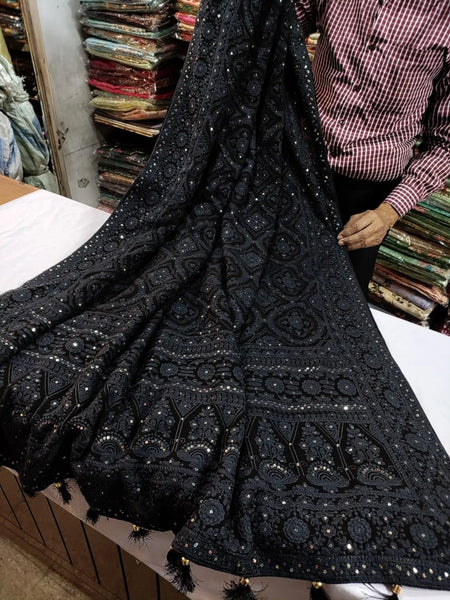 Black Pure Georgette Chikankari Saree