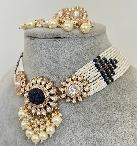 Blue Premium quality gold plated silver foiled Kundan necklace
