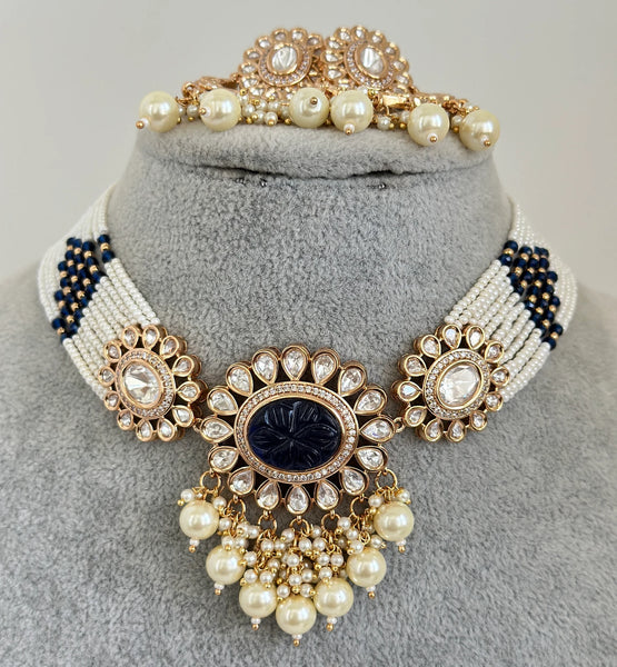 Blue Premium quality gold plated silver foiled Kundan necklace