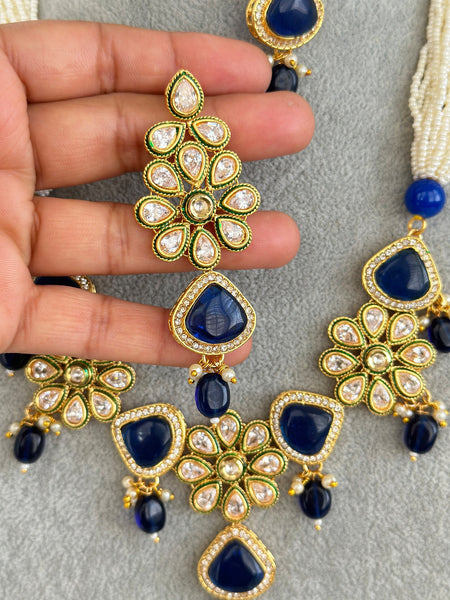 3 Piece Blue Long Polki Necklace