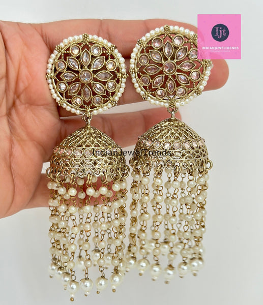 Pearl Polki Long Jhumka