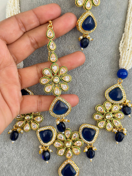 3 Piece Blue Long Polki Necklace