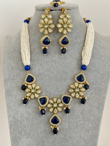 3 Piece Blue Long Polki Necklace