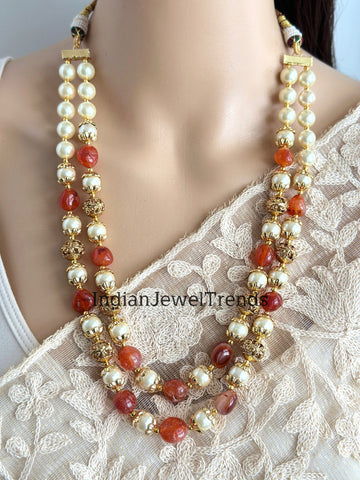 Double Strands Peach Gold Mala Necklace