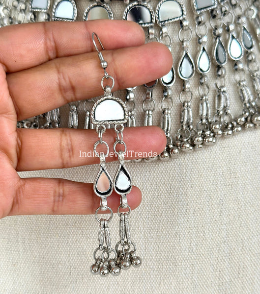Mirror Oxidized Necklace Silver Choker in with Mirror with Earrings