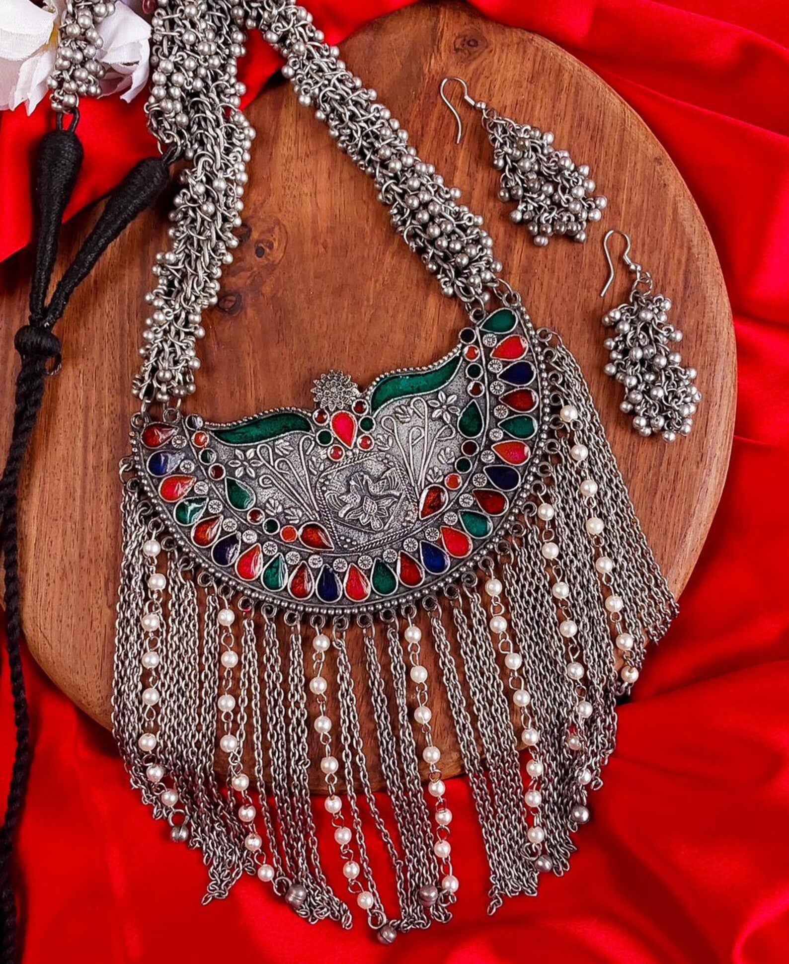 Afghani style Long Ghungroo Oxidized Necklace and Earring Set