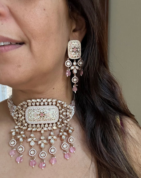 Pink bridal moissanite Kundan choker set