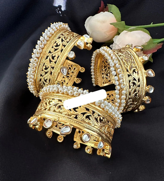 Gold Kundan Pearl bracelet Kada cuffs