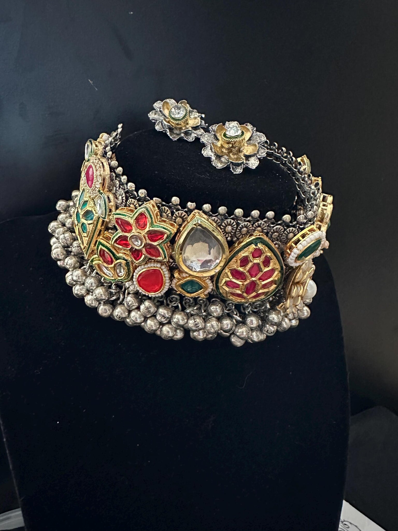Fusion German Silver Oxidized necklace set with Kundan colored stone