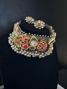 Fusion German Silver Oxidized necklace set with Kundan colored stone