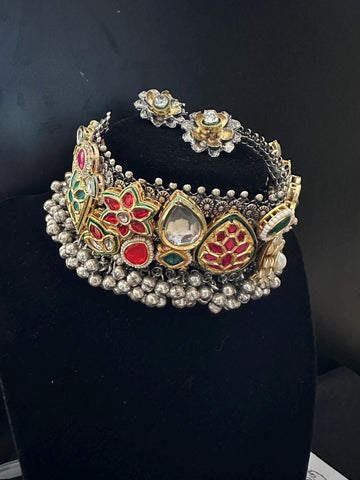 Fusion German Silver Oxidized necklace set with Kundan colored stone
