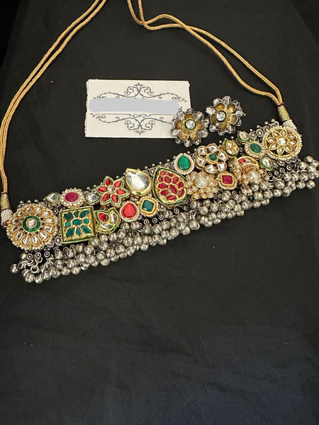 Fusion German Silver Oxidized necklace set with Kundan colored stone