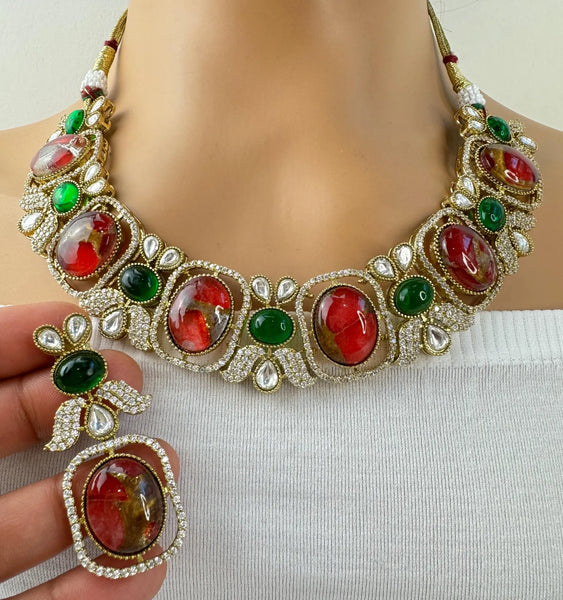 Ruby Red Victorian Moissanite polki CZ Necklace