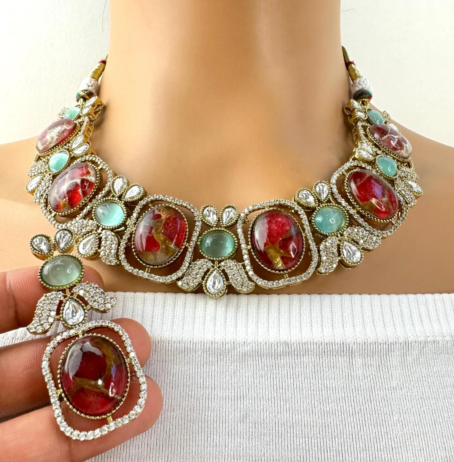 Ruby Red Victorian Moissanite polki CZ Necklace