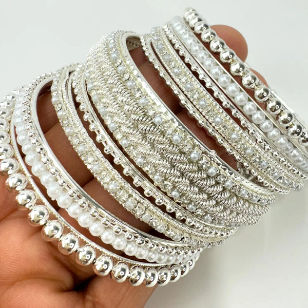 Stone Pearl Silver Finished Bangles Set