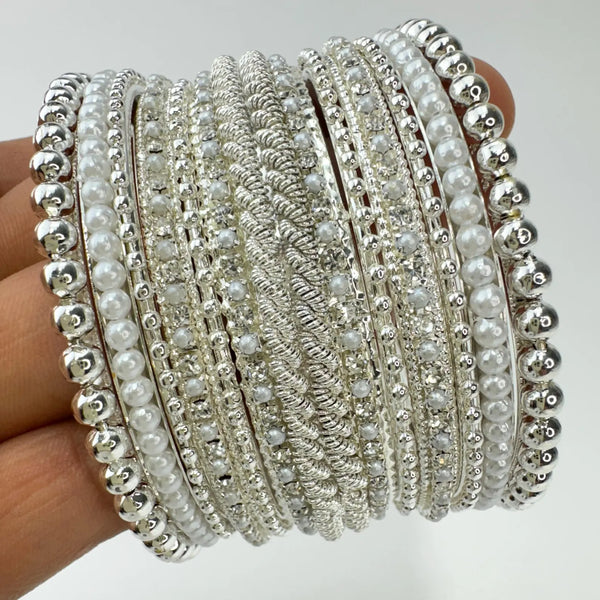Stone Pearl Silver Finished Bangles Set