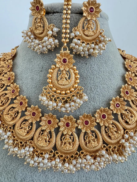 Ruby Gold Temple South Indian Goddess Laxmi Necklace set