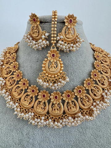 Ruby Gold Temple South Indian Goddess Laxmi Necklace set