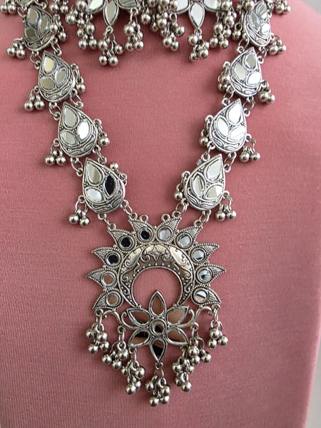 Long Mirror Oxidized Afghani Necklace and Earring Set