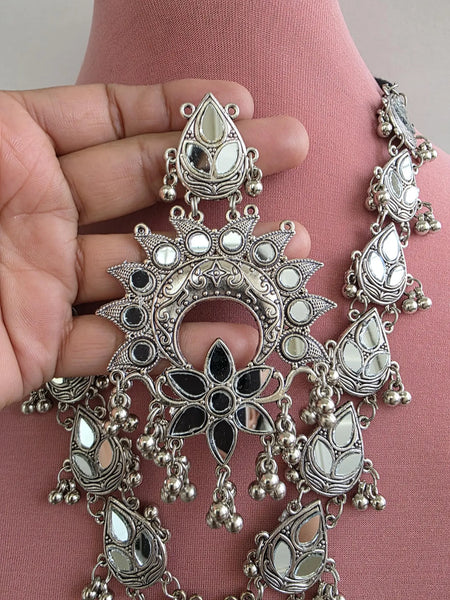 Long Mirror Oxidized Afghani Necklace and Earring Set