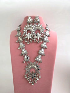 Long Mirror Oxidized Afghani Necklace and Earring Set