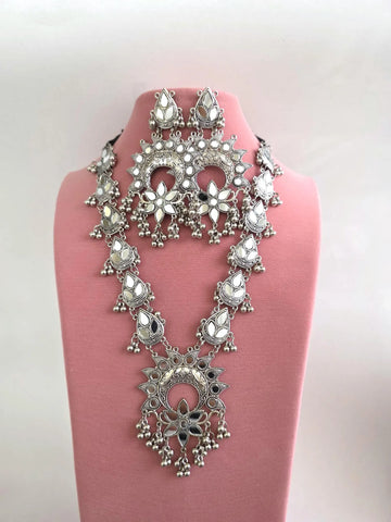 Long Mirror Oxidized Afghani Necklace and Earring Set