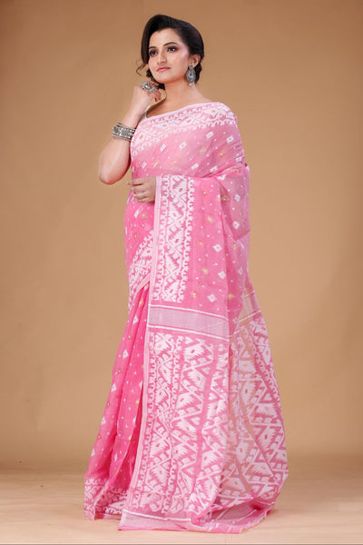 Pink Jamdani Saree: Soft Cotton Muslin, Handloom Woven with Cutdana work