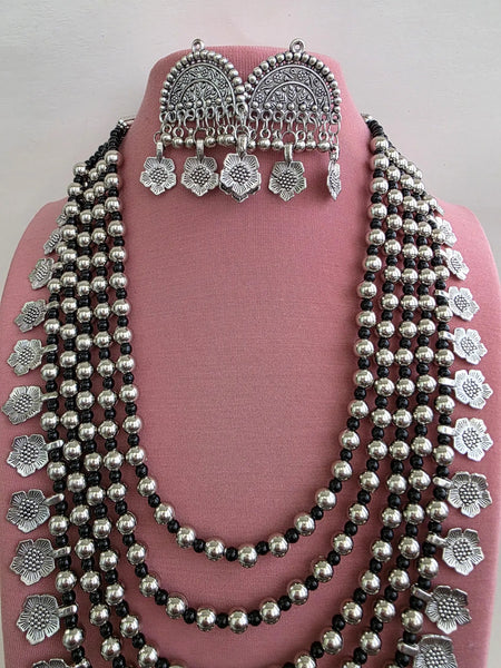5 Layer Handcrafted Oxidized Long Necklace set with Earrings