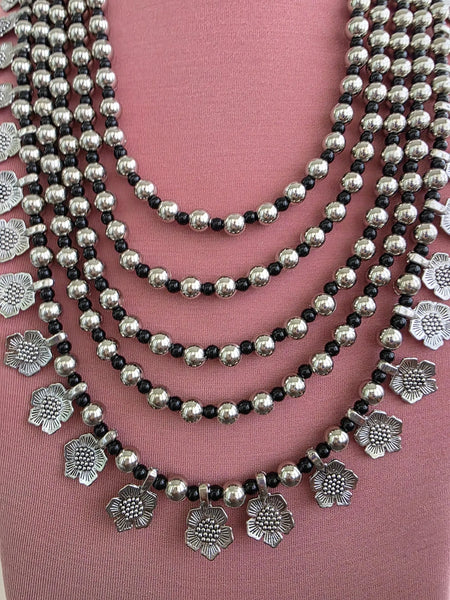 5 Layer Handcrafted Oxidized Long Necklace set with Earrings