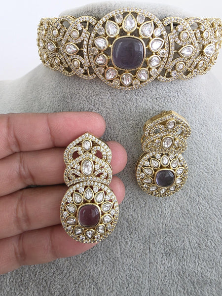 Purple Victorian Moissanite kundan Necklace set