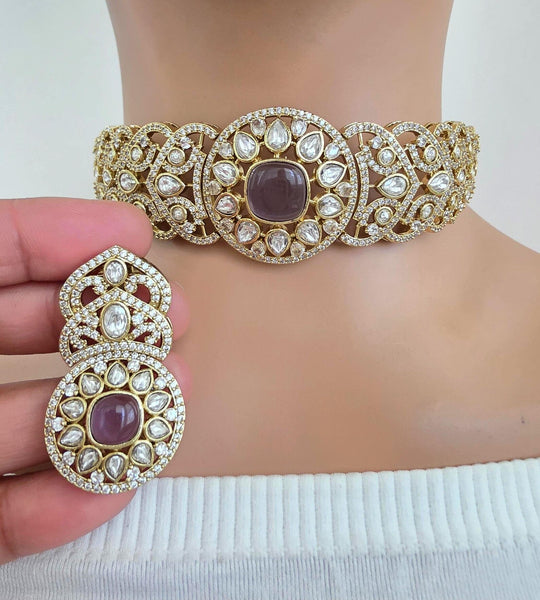 Purple Victorian Moissanite kundan Necklace set