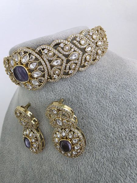 Purple Victorian Moissanite kundan Necklace set