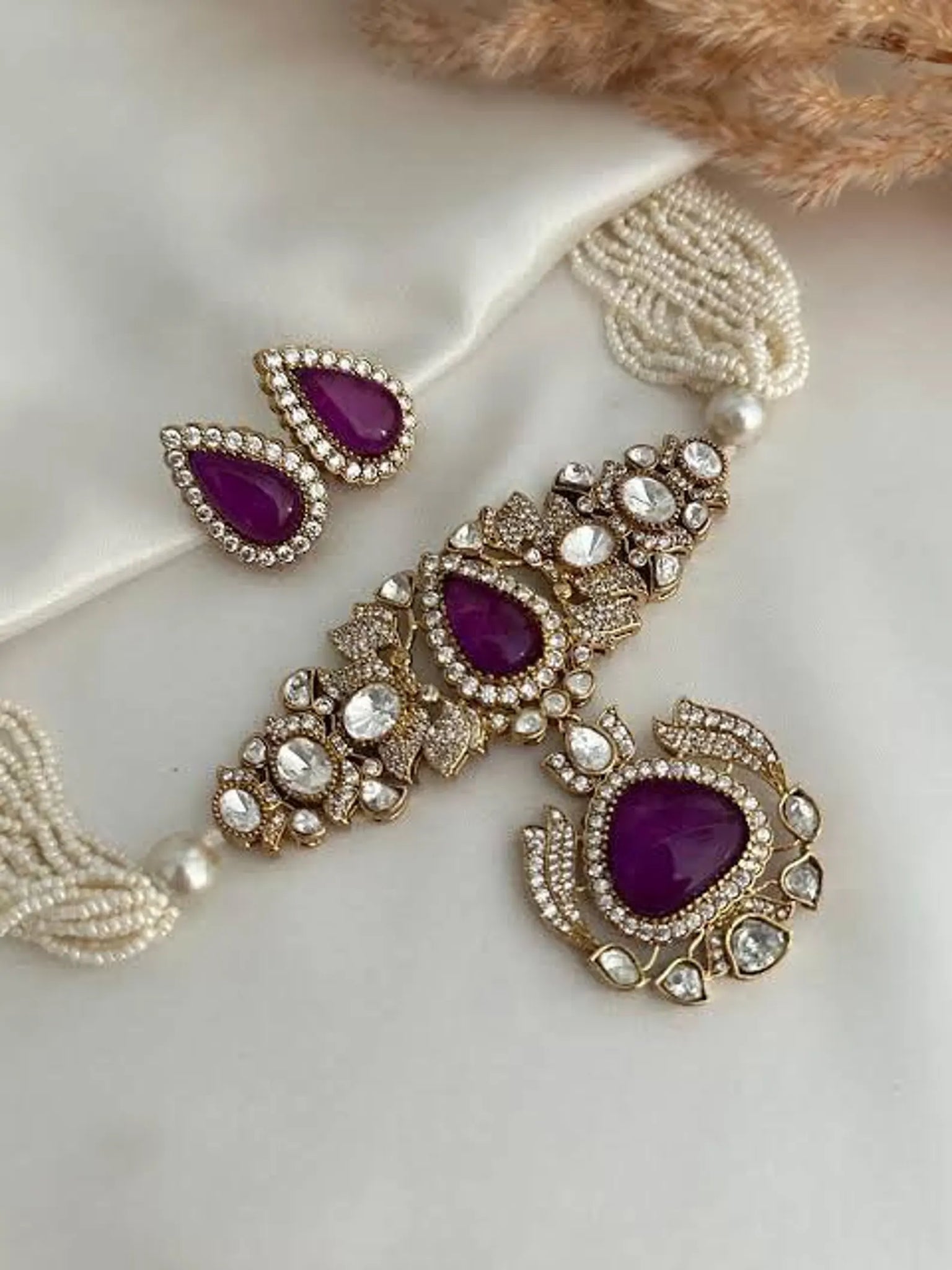 Purple Victorian Sabyasachi inspired uncut polki Kundan choker Necklace