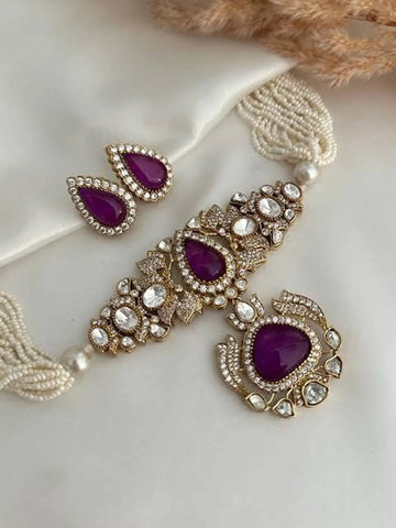 Purple Victorian Sabyasachi inspired uncut polki Kundan choker Necklace