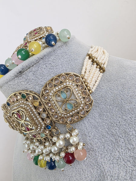 Navratan Multi Polki Kundan necklace set